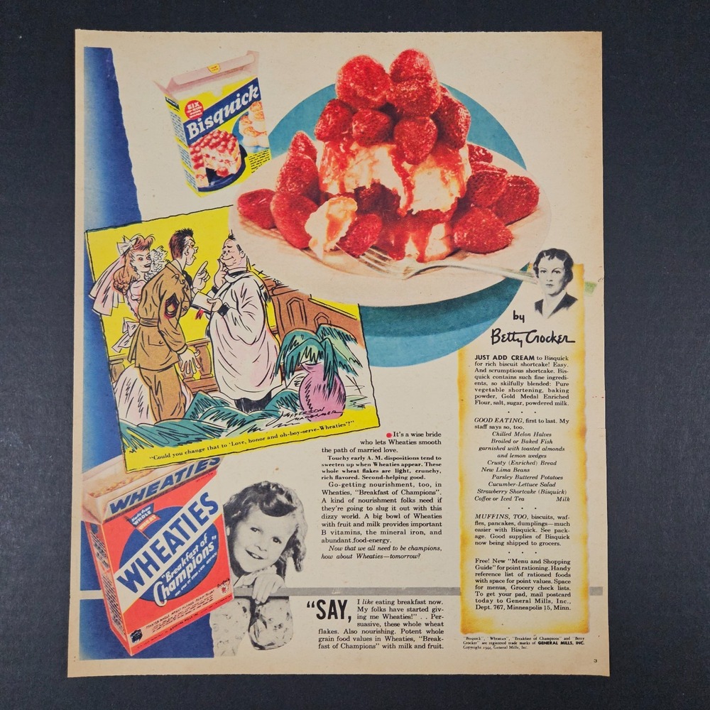 1944 General Mills Bisquick Wheaties Betty Crocker Vintage Print Ad Kitchen WW2